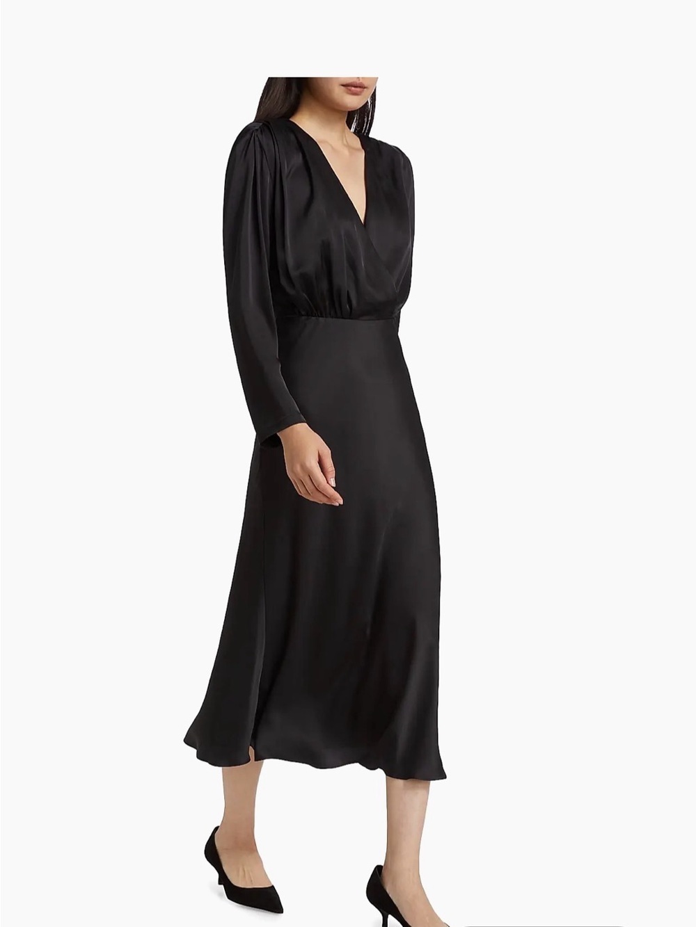 Toccin NWT Black Satin Midi Dress with V-Neck